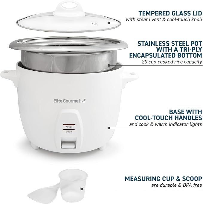 Elite Gourmet ERC-2020 Electric Rice Cooker with Stainless Steel Inner Pot Makes Soups Stews Grains Cereals Keep Warm Feature 20 Cups Cooked (10 Cups Uncooked) White