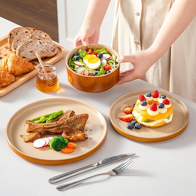 vancasso ONION Ceramic Plates and Bowls Sets 12 Pieces Brown Dinnerware Sets for Kitchen Reactive Glaze Dishes Set for 4 Dishwasher and Microwave Safe