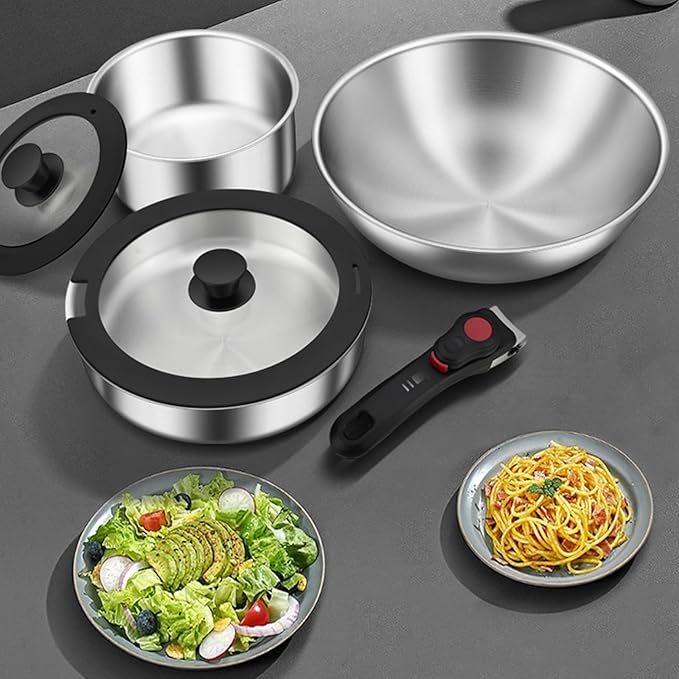 Stainless Steel Cookware Set 6pcs Wok Pots and Pans Set Non Stick with Detachable Handle Induction Cookware Set Kitchen Cooking Sets RV/Camping Cookware Dishwasher &amp Oven Safe6pcs