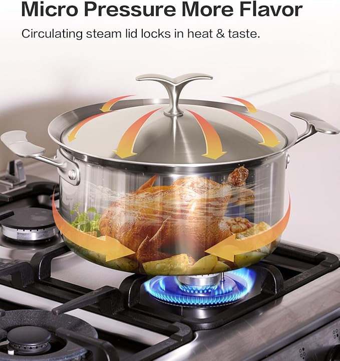 5-Ply Stainless Steel Cookware Set 6 Pcs Non Stick Pots and Pans Set with Steam-Return Lids Induction &amp Oven Safe Non Toxic PFOA PTFE PFOS Free Professional Chef Quality Cookware