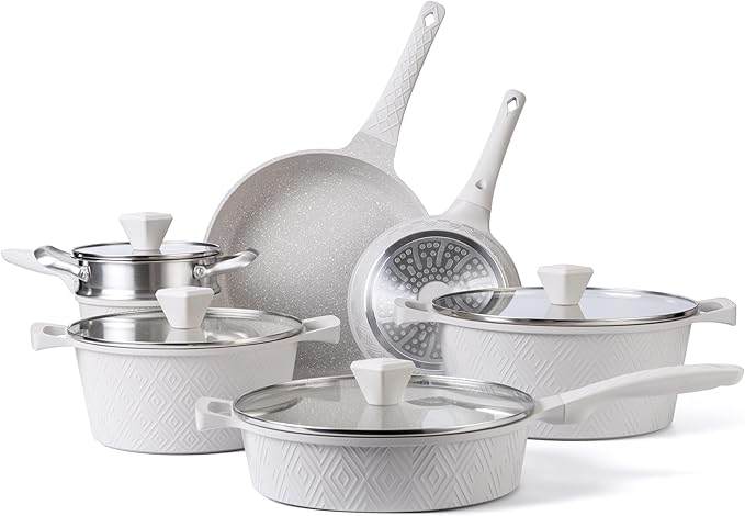 Country Kitchen Non-Stick Cast Aluminum Cookware Set - Durable Kitchen Cookware for Everyday Cooking Cream Rhombus 11 Pc.
