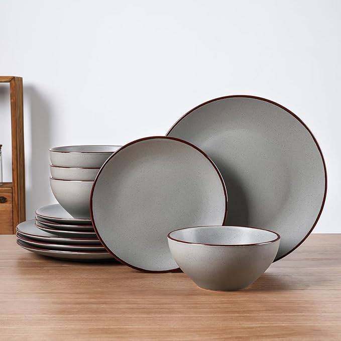 Famiware Venus Dinnerware Sets and Mercury Pasta Bowls Set and Mercury Coffee Mugs Set of 4 20 Pieces Plates and Bowls Sets Microwave and Dishwasher Safe Dark Grey