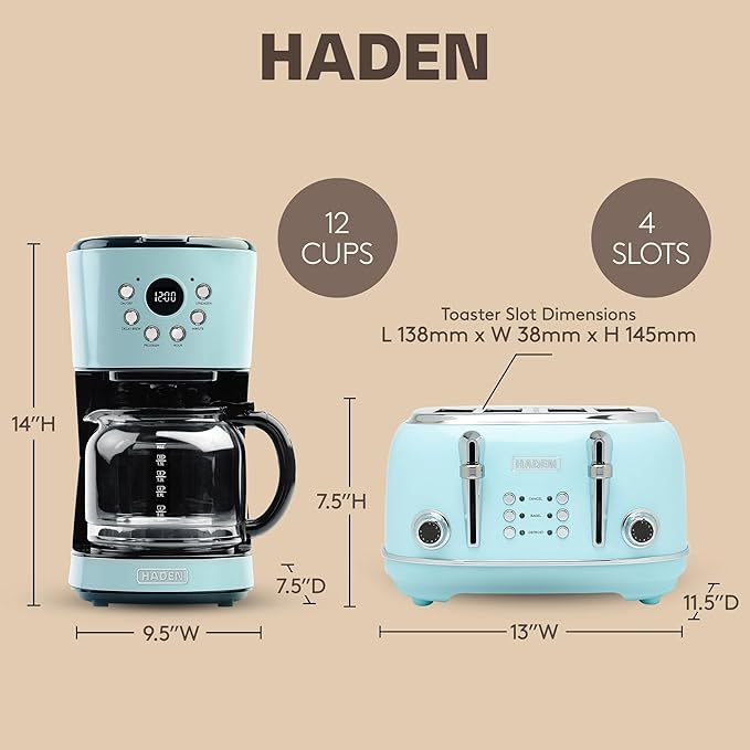 Haden 12 Cup Programmable Drip Coffee Maker Coffee Machine Bundled with Heritage 4 Slice Wide Slot Stainless Steel Toaster Turquoise &amp Chrome