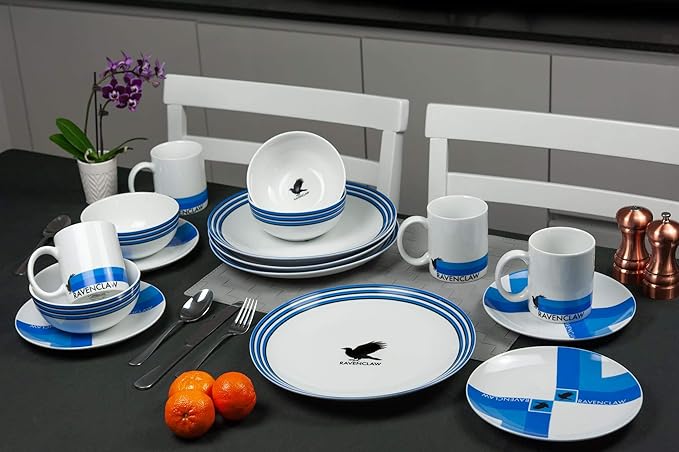 Harry Potter Hogwarts House Porcelain 16 piece Dinnerware Set - Includes 4 Dinner Plates 4 Salad Plates 4 Bowls and 4 Mugs - Gryffindor Hufflepuff Ravenclaw and Slytherin