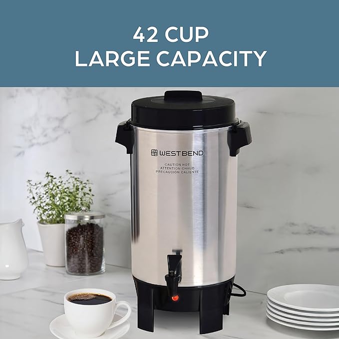 West Bend Coffee Urn Highly-Polished Aluminum Features Automatic Temperature Control with Cup Per Minute Brewing and Easy Clean Up Includes In-Basket Measuring Guide and Ready Light 42-Cup Silver