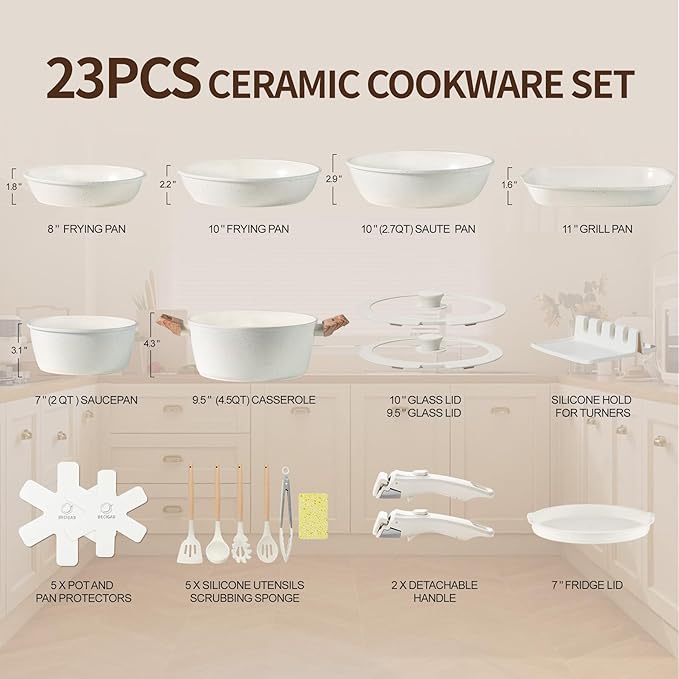 23PCS Ceramic Pots and Pans SetNonstick Removable Handle Pots and Pans Set Stackable Pan Set Ceramic Nonstick Pan Non Stick for Easy Cooking