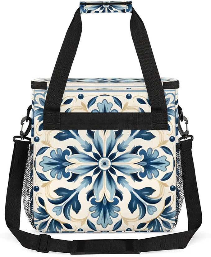 Blue Flower Coffee Maker Travel Bag for Keurig K-Mini/K-Mini Plus Insulated Waterproof Tote with Pockets for K-Cup Portable Single-Serve Brewer Case