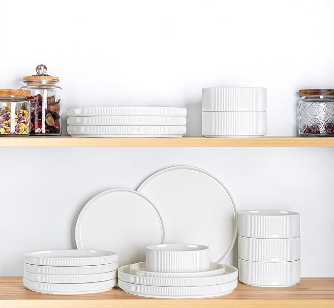 TheTerra Ceramic Dinnerware Sets for 6 18 Pieces Porcelain Lightweight Plates and Bowls Sets Scratch Resistant Dish Set Oven &amp Microwave &amp Dishwasher Safe Bright White