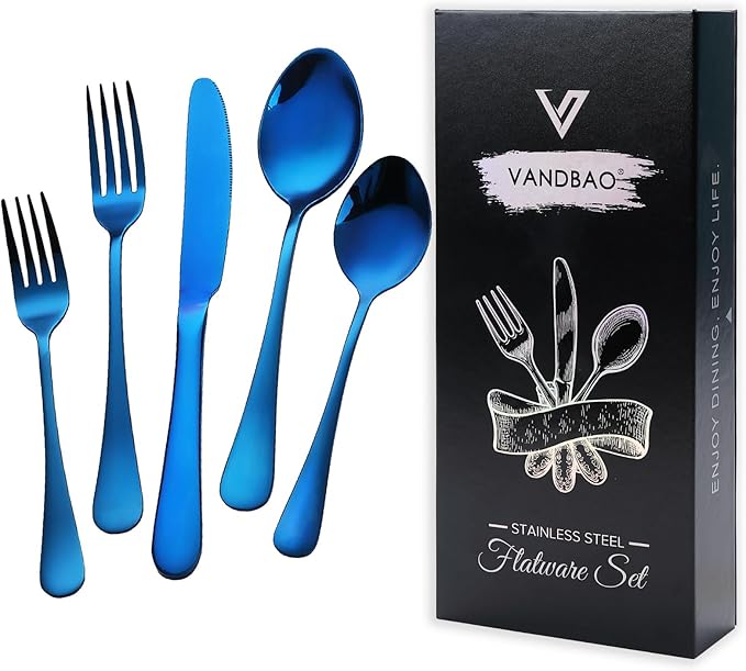 Blue Silverware Set Flatware Cutlery - 20 Pieces Stainless Steel Tableware Set Service for 4Include Fork Knife SpoonMirror PolishedDishwasher Safe