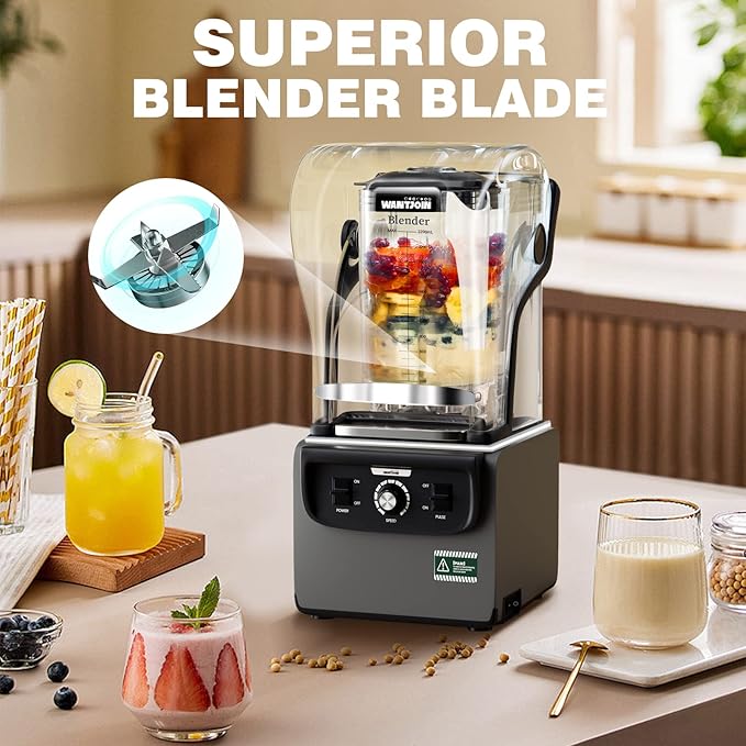 Wantjoin Commercial Quiet Blender for Kitchen Smoothie Protein Shake Licuadora Countertop Professional Electric Food Machine for Puree Milkshake Juice Drink and Ice with Silent Cover 2200ml 1800W