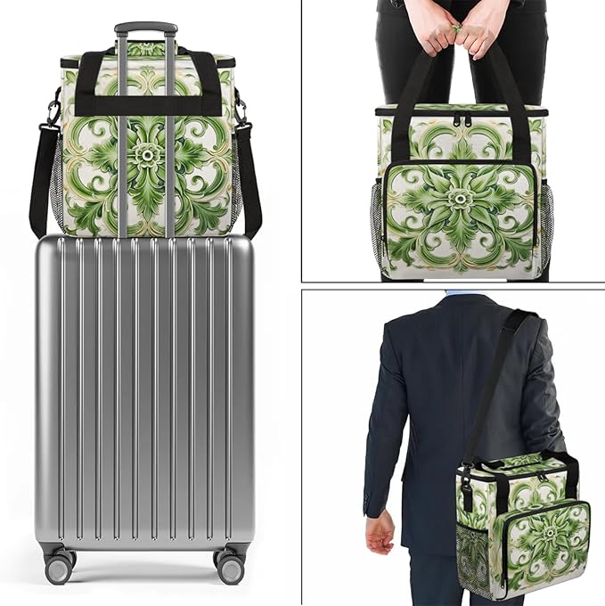 Green Floral Theme Coffee Maker Travel Bag for Keurig K-Mini/K-Mini Plus Insulated Waterproof Tote with Pockets for K-Cup Portable Single-Serve Brewer Case
