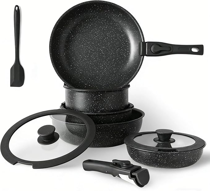 HealSmart 12 Pcs Pots and Pans Set Non-Stick Cookware Set with Detachable Handles Black Granite Texture Resistant to High Temperatures Oven Safe PFAS and PFOA Free
