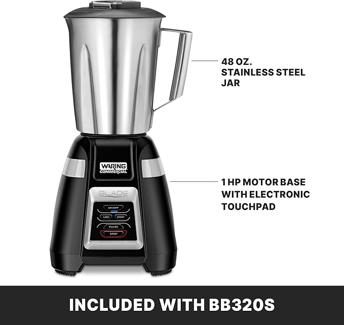 Waring Commercial BB320S Blade 1 HP Blender Touchpad Controls with 48 oz Stainless Steel Container 120V 5-15 Phase Plug Black
