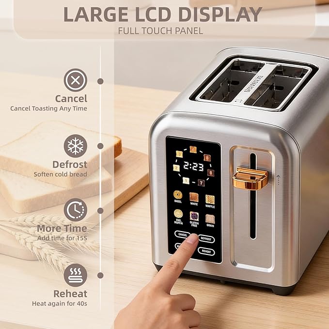 2-Slice Toaster with Touch Screen 7 Shade Settings Extra Wide Slots 6 Bread Function Stainless Steel with High Lift Lever Removable Crumb Tray 1350W (Silver)