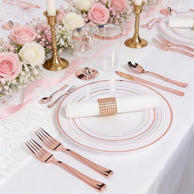 WDF-125PCS Rose Gold Plastic Silverware&ampDisposable Plastic Plates - Disposable Plates include 25 Dinner Plate25 Salad Plate25 Forks 25 Knives 25 Spoons for Wedding Party Birthday