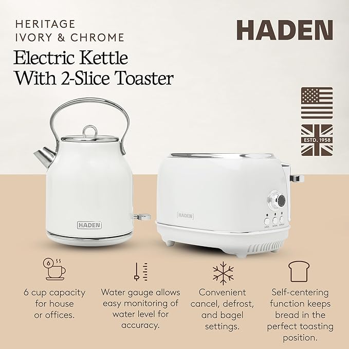 Haden Heritage 1.7 Liter Stainless Steel Body Retro Electric Tea Kettle with 2 Slice Wide Slot Stainless Steel Bread Toaster White