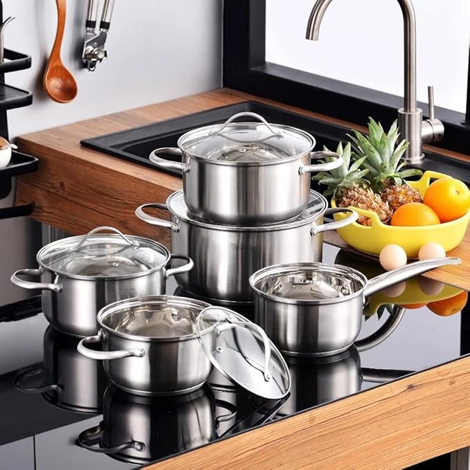 Cookware Set Kitchen Stainless Steel 9-Piece Cooking PotInduction SafeNon Stick SaucepanCasserole with Glass lid