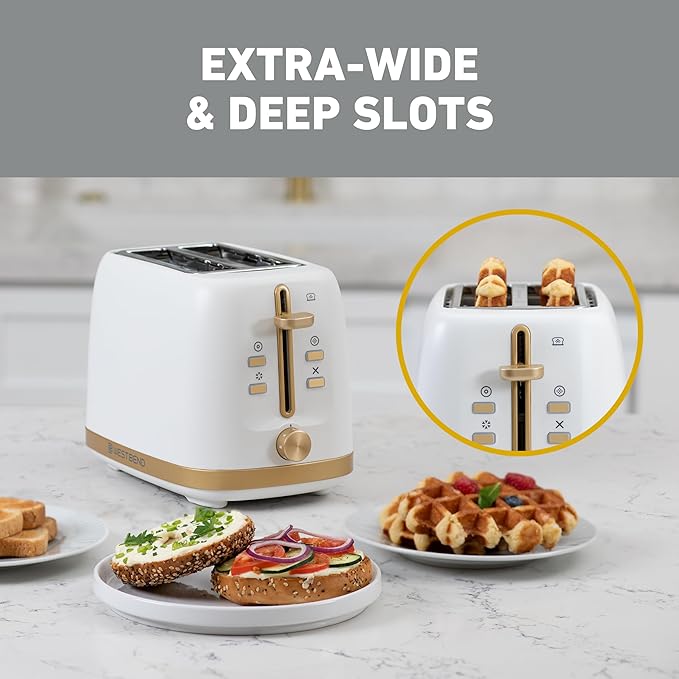 West Bend Timeless 2-Slice Toaster with 7 Browning Levels Bagel/Waffle/Defrost Settings High-Lift Lever Anti-Jam Easy-Clean Crumb Tray 2-Slice White/Gold