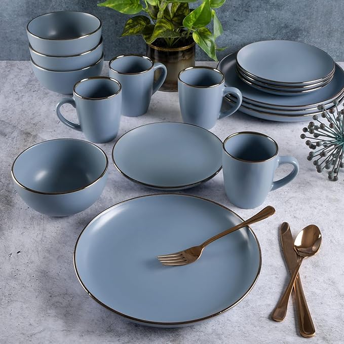 Rockaway 16 Piece Stoneware Dinnerware Set with Metallic Rim – Matte Blue Plates Bowls &amp Mugs Microwave &amp Dishwasher Safe