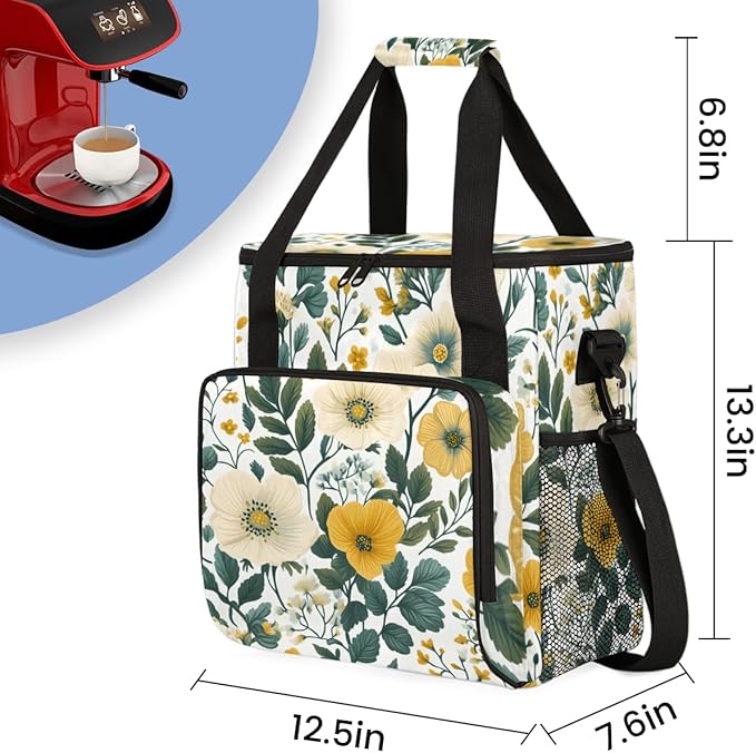 Aromatic Flowers Coffee Maker Carrying Bag Portable Travel Storage Tote Bag Compatible with K-Mini or K-Mini Plus Single Serve Coffee Brewer Carrying Case with Multiple Pockets &amp Shoulder Strap