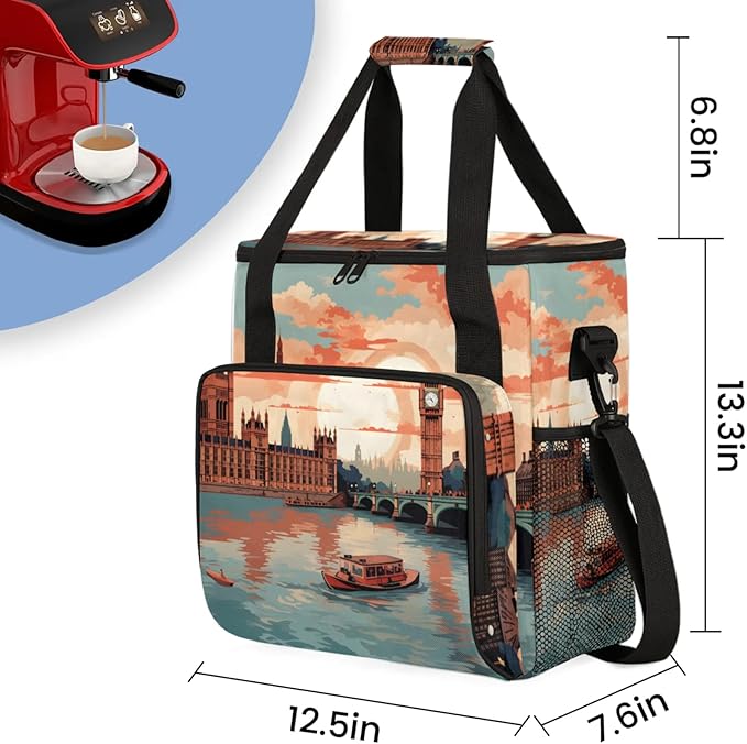 City Landscape Coffee Maker Travel Bag for Keurig K-Mini/K-Mini Plus Insulated Waterproof Tote with Pockets for K-Cup Portable Single-Serve Brewer Case