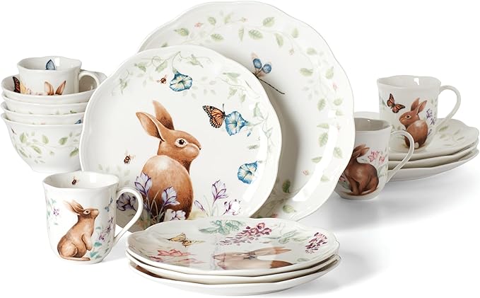 Lenox Dinnerware Set Butterfly Meadow Bunny 16-Piece Set Service For 4 Dishwasher Safe Microwave Safe Made Of Porcelain Bowls And Mugs Plates And Bowls Easter Dish (Assorted 16 Pieces)