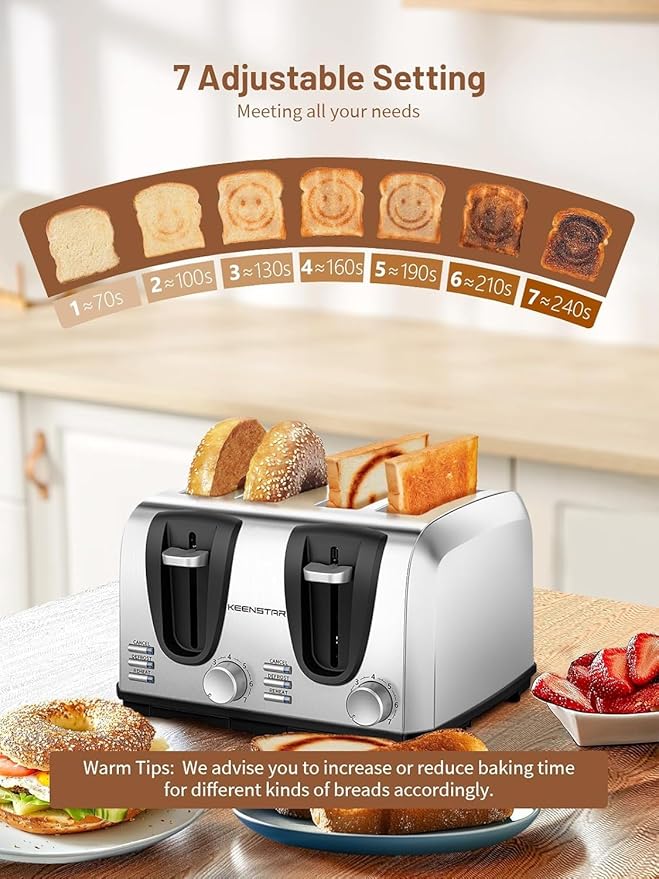 Keenstar Toaster 4 Slice Bread Toaster with Dual Control Panels Extra-Wide Slot of Bagel/Defrost/Cancel Function 7 Toasting Bread Shade Settings Removable Crumb Trays Auto Pop-Up Stainless Steel