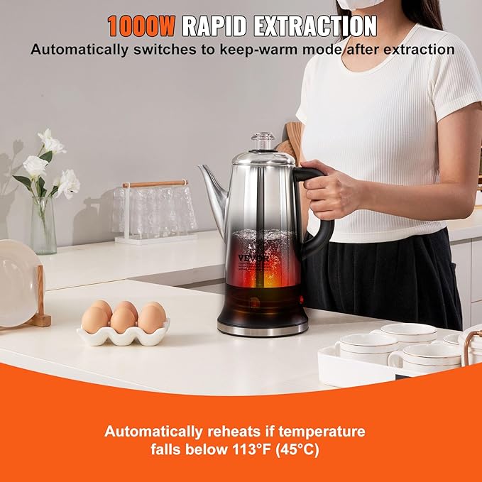 VEVOR 12-Cup Electric Percolator Coffee Pot 304 Stainless Steel Body Coffee Percolator with Keep Warm Function &amp Heat-Resistant Handle Classic Coffee Maker Quick Brew &amp Easy-Pour Spout Sil