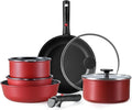 CAROTE Pots and Pans Set Non Stick Cookware Sets Oven/Fridge Safe Space Saving Pots Set 11pcs Kitchen Set Nonstick Set with Versatile Removable/Detachable Handle Induction RV Set Red and Black