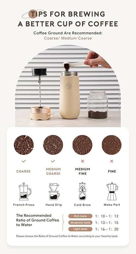 BENFUCHEN Travel Coffee Press Vacuum Insulated Portable French Press Stainless Steel Portable Coffee Maker/Tea Press 12oz Beige
