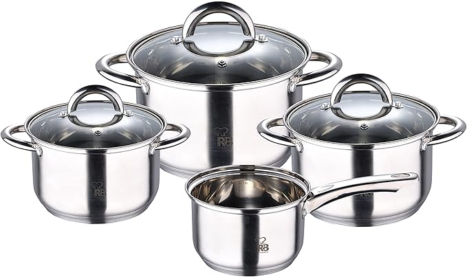 Alexander - 7 Piece Kitchen Battery with 3 Ducks of 18 20 and 24 cm with a Lid + 1 of 16 cm - Made of Stainless Steel - Bucket Set - 5-Layer Capsuled Background