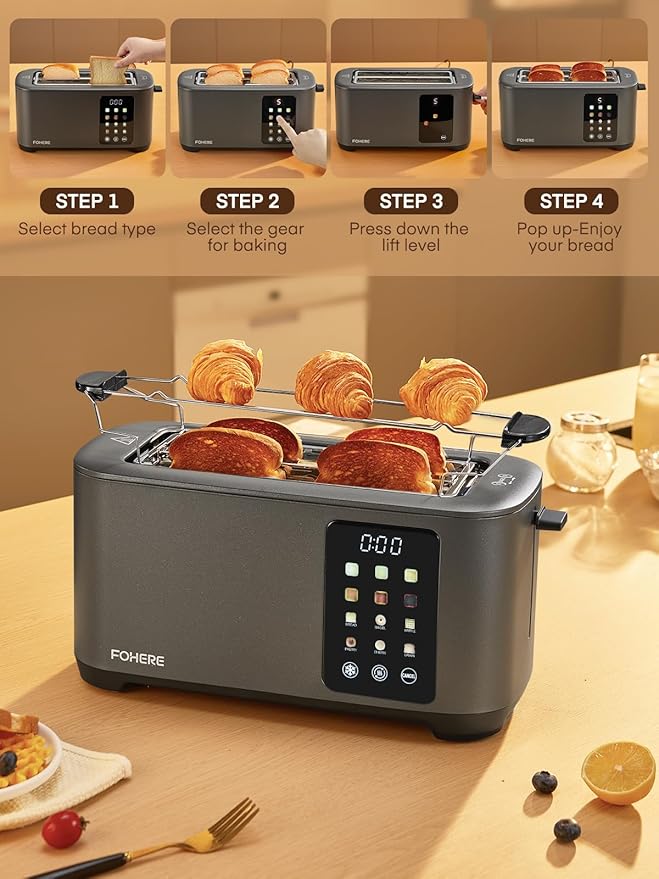 4 Slice Toaster Touch Screen Control Long Extra Wide Slots Smart Bread Toaster 6 Bread Types &amp 6 Shade Settings Stainless Steel with Removable Tray Cancel/Defrost/Reheat Function Grey