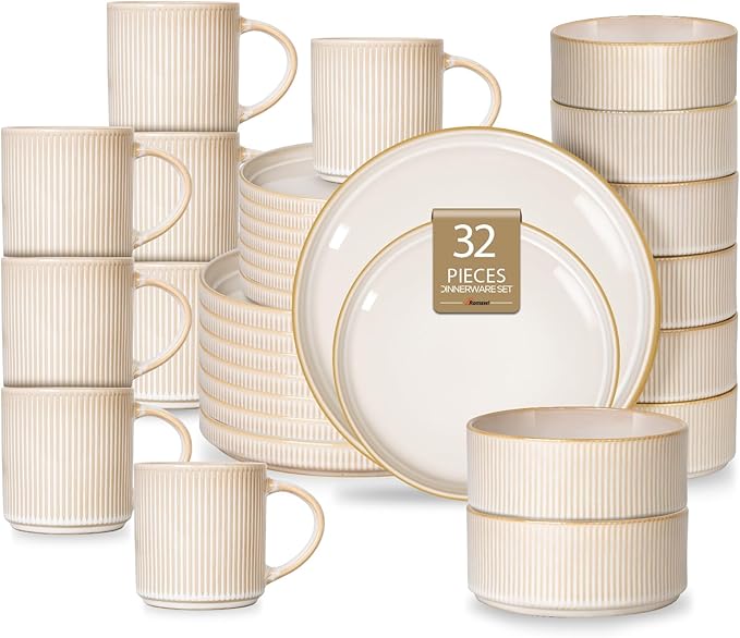 Romswi Dinnerware Set for 8 32Pcs Stoneware Plates and Bowls Sets with Mugs Chip &amp Scratch Resistant Dish Set Handmade Reactive Glaze Plate Set OvenMicrowave and Dishwasher Safe Cappuccino W
