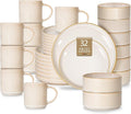 Romswi Dinnerware Set for 8 32Pcs Stoneware Plates and Bowls Sets with Mugs Chip &amp Scratch Resistant Dish Set Handmade Reactive Glaze Plate Set OvenMicrowave and Dishwasher Safe Cappuccino W
