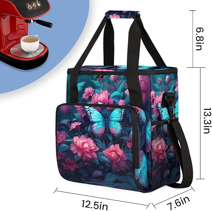 Dreamy Butterfly Coffee Maker Carrying Bag Cute Butterfly Travel Storage Bag Compatible with K-Mini or K-Mini Plus Single Serve Coffee Brewer Carrying Case with Multiple Pockets &amp Shoulder Strap
