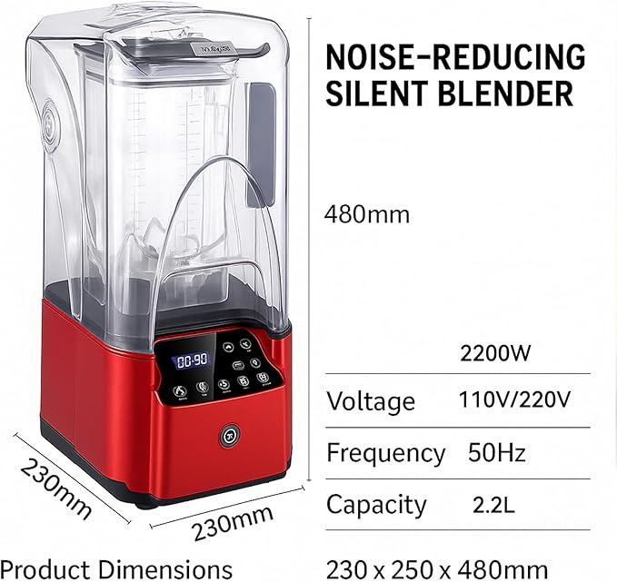 2200W Quiet Commercial Blender with Soundproof Shield – 2.2L Countertop Smoothie Maker with Smart Touch Screen – High Speed Food Blender for Ice Juices Shakes Restaurants Home UseRed