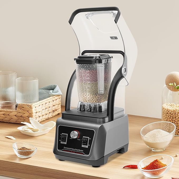 Commercial Blender With Shield Quiet Sound Enclosure 2200W Professional Heavy Duty Countertop Blender 67.6oz Quiet Soundproof ShieldSelf-Cleaning Mixing Rod Included Grey