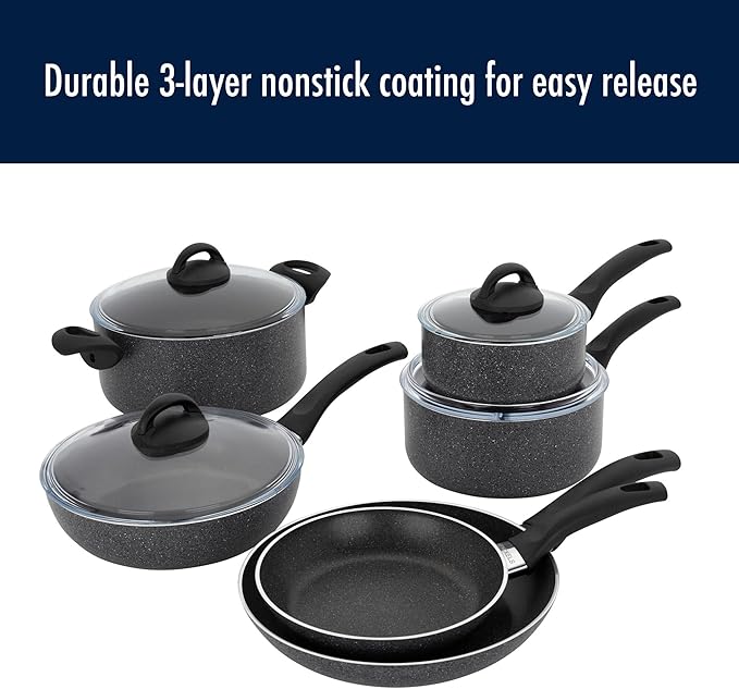 Henckels Everlift Granite 10-Piece Nonstick cookware set Made in Italy durable 3-layer granite-hued nonstick coating from recycled materials Oven safe to 400°F Dishwasher safe
