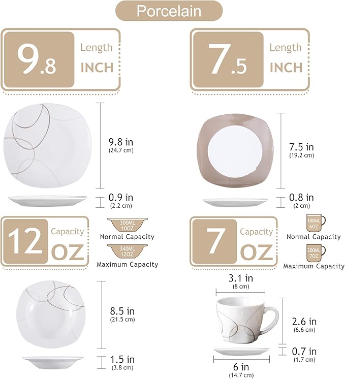 VEWEET 'Nikita' 30-Piece Dinner Set Ivory White Brown Lines Porcelain China Ceramic Combination Sets of Dessert Plates/Soup Plates/Dinner Plates/Cups/Saucers Service for 6