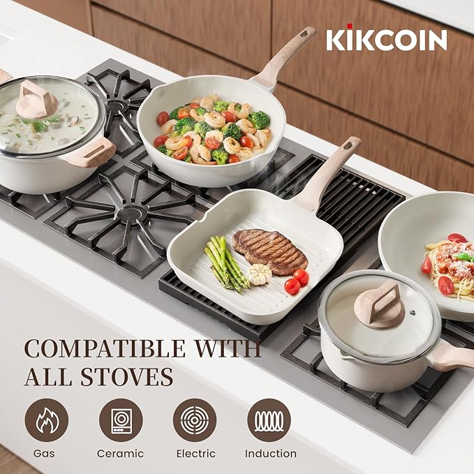 Kikcoin 16Pcs Pots and Pans Set Nonstick Ceramic Cookware Sets Induction Kitchen Cooking Set Non toxic Healthy Non Stick w/Grill PanSaute Pan Ceramic White