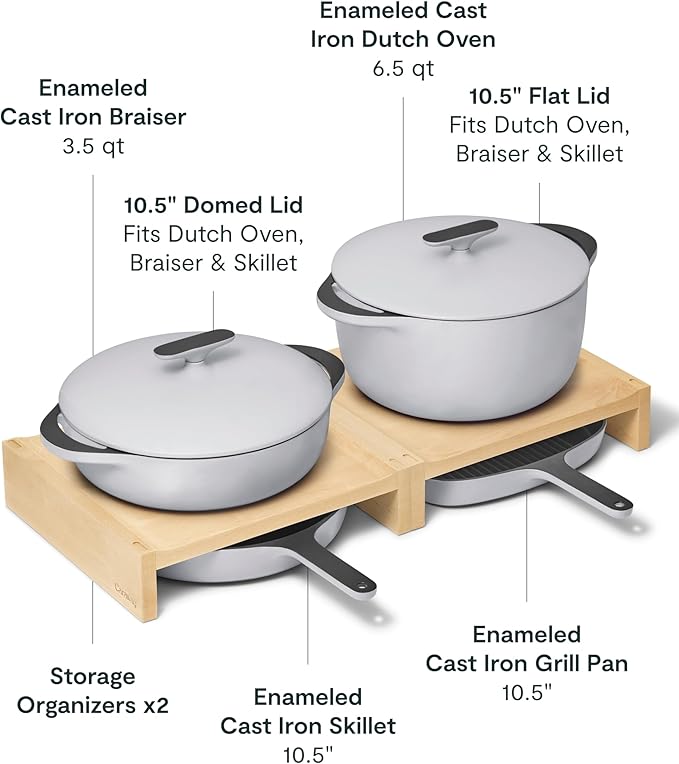 Caraway 8-Piece Enameled Cast Iron Set - 10.5” Skillet Grill Pan 3.5 qt Braiser Pan 6.5 qt Dutch Oven with Lid and Organizers - Non-Toxic 3-Layer Enamel Coating - No Seasoning Required - Gray