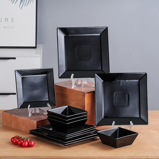 DOMINI 12-Piece Square Dinnerware Set Service for 4 Porcelain Dishes Dinner Square-Black
