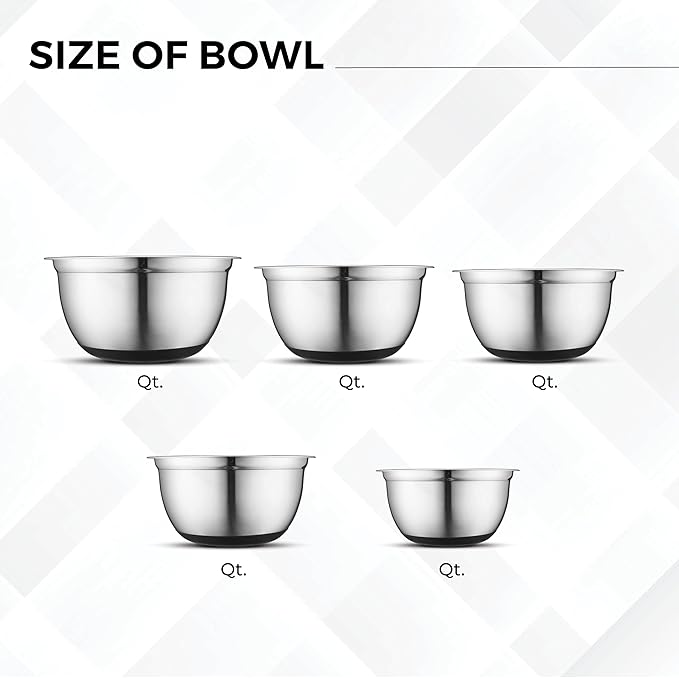 Avador Premium Stainless Steel Mixing Bowls with Lids Non-Slip Set of 5 Mixing Bowl Set with Silicone Base Space Saving Great for Cooking Baking Prepping (0.25qt 1qt 1.5qt 3qt 5qt)