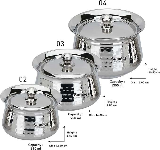 Sumeet Stainless Steel Handcrafted Hammered Texture Handi Set with Lid for Kitchen Set of 3 650ml 950ml &amp 1300ml Silver