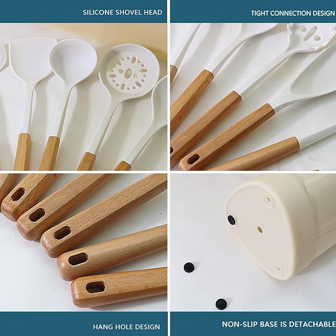 13 Piece White Wooden Handle Utensils Set Silicone Non-Stick Cookware Available Non-Scalding Handle Kitchen Set Home Cooking Baking Complete Set with Storage Bucket
