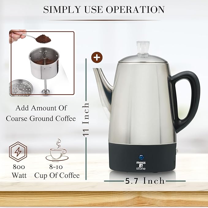 Moss &amp Stone Percolator Coffee Pot Electric 10 Cup Stainless Steel Coffee Maker. With Keep Warm Function 10 Cups Stainless Steel Percolator With Coffee Basket