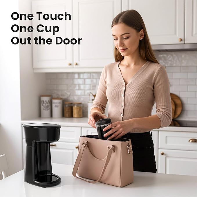 Kismile Personal Single-Serve Coffee Maker Compact Brewer with 14oz Thermal Travel Mug Stainless Steel Interior Compatible with Coffee Grounds &amp Reusable Filter Ideal for Home &amp Travel