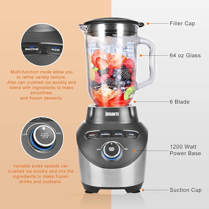 Blender with 64 oz Glass Jar - 1200W High Speed Juicer Blender for Smoothies Shakes &amp Frozen Drinks (Black)