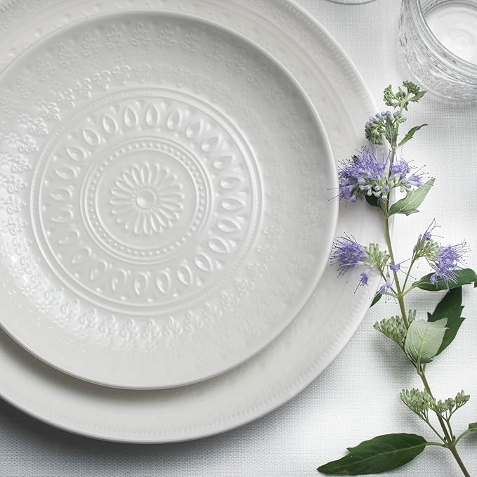 Euro Ceramica Fez Collection Stoneware Durable White 16-Piece Double Bowl Dinnerware Set Teardrop Mandala design Service for 4 with two sizes bowls assorted