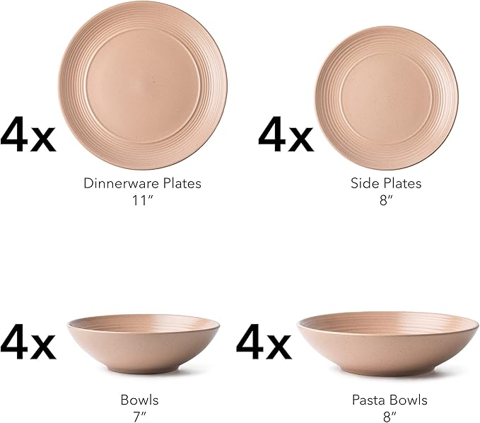 RINGAR Round Stoneware 16pc Double Bowl Dinnerware Set for 4 Dinner Plates Side Plates Cereal Bowls Pasta Bowls - Speckle Matte Coral (407490)